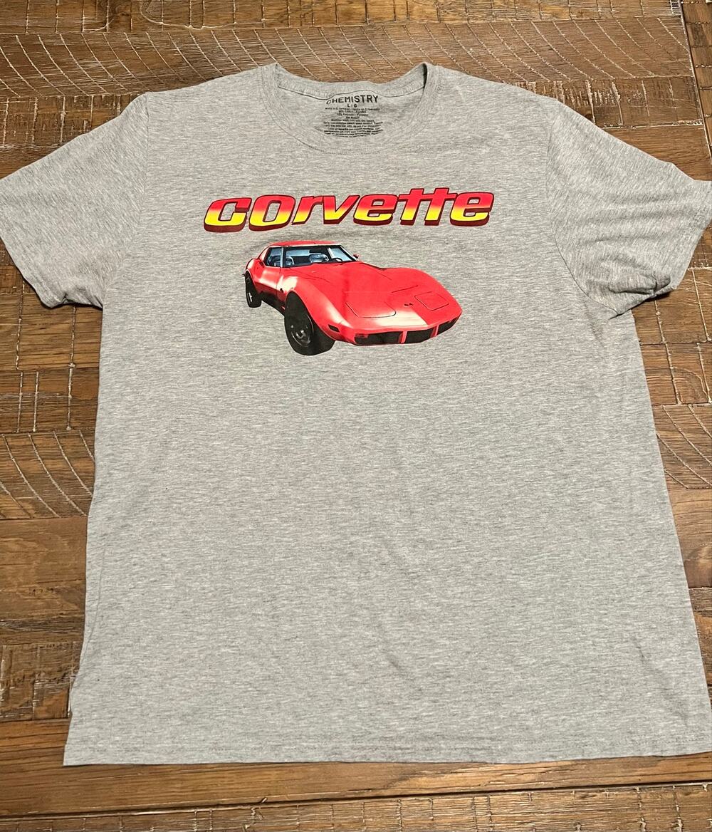 Men’s Graphic T-Shirt Corvette Novelty Tee Size Large Gray Short Sleeve Top